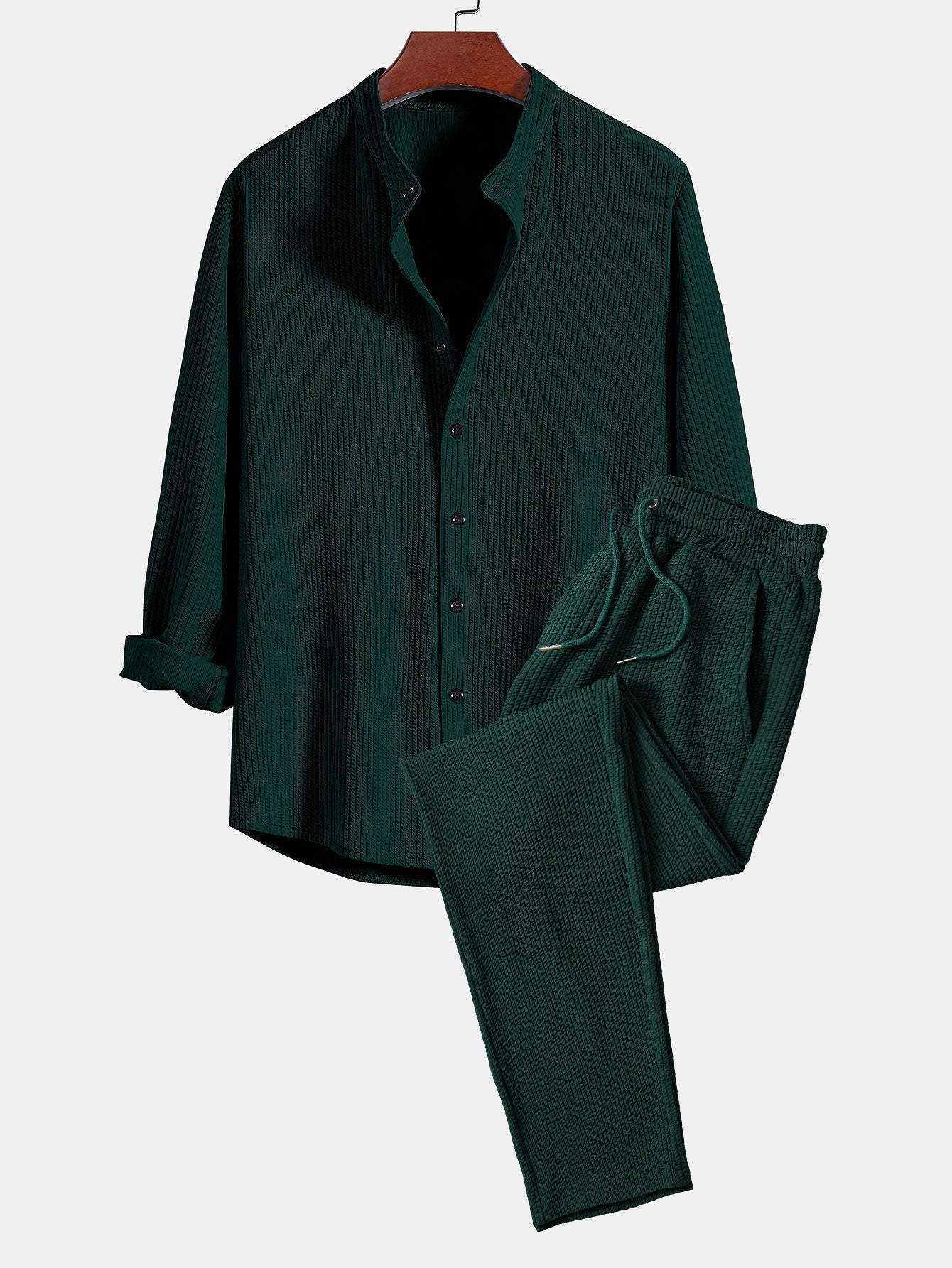 Long Sleeve Muscle Fit Ribbed Stand Collar Shirt & Straight Leg Ribbed Pants