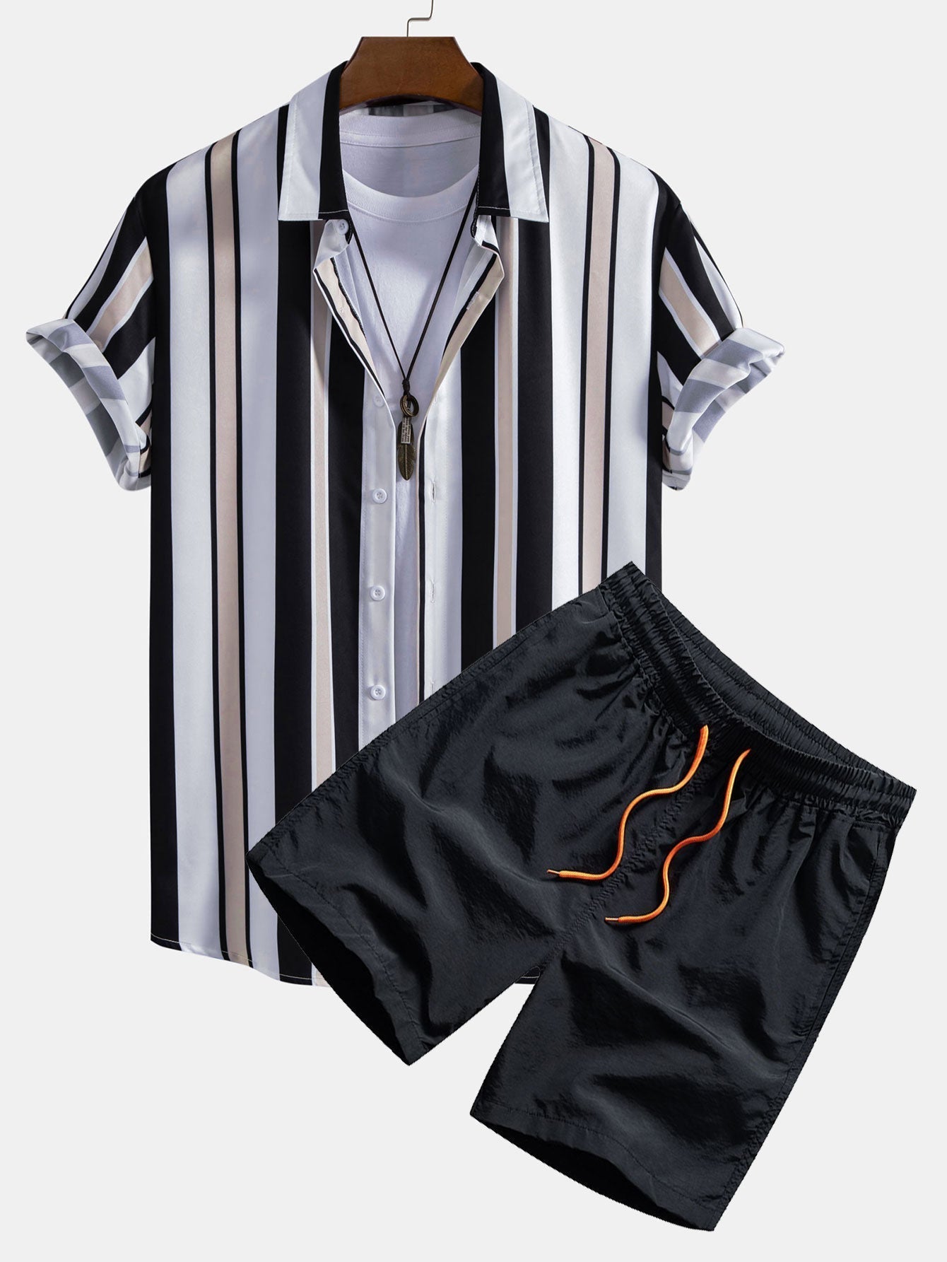 Stripe Print Button Up Shirt & Swim Short