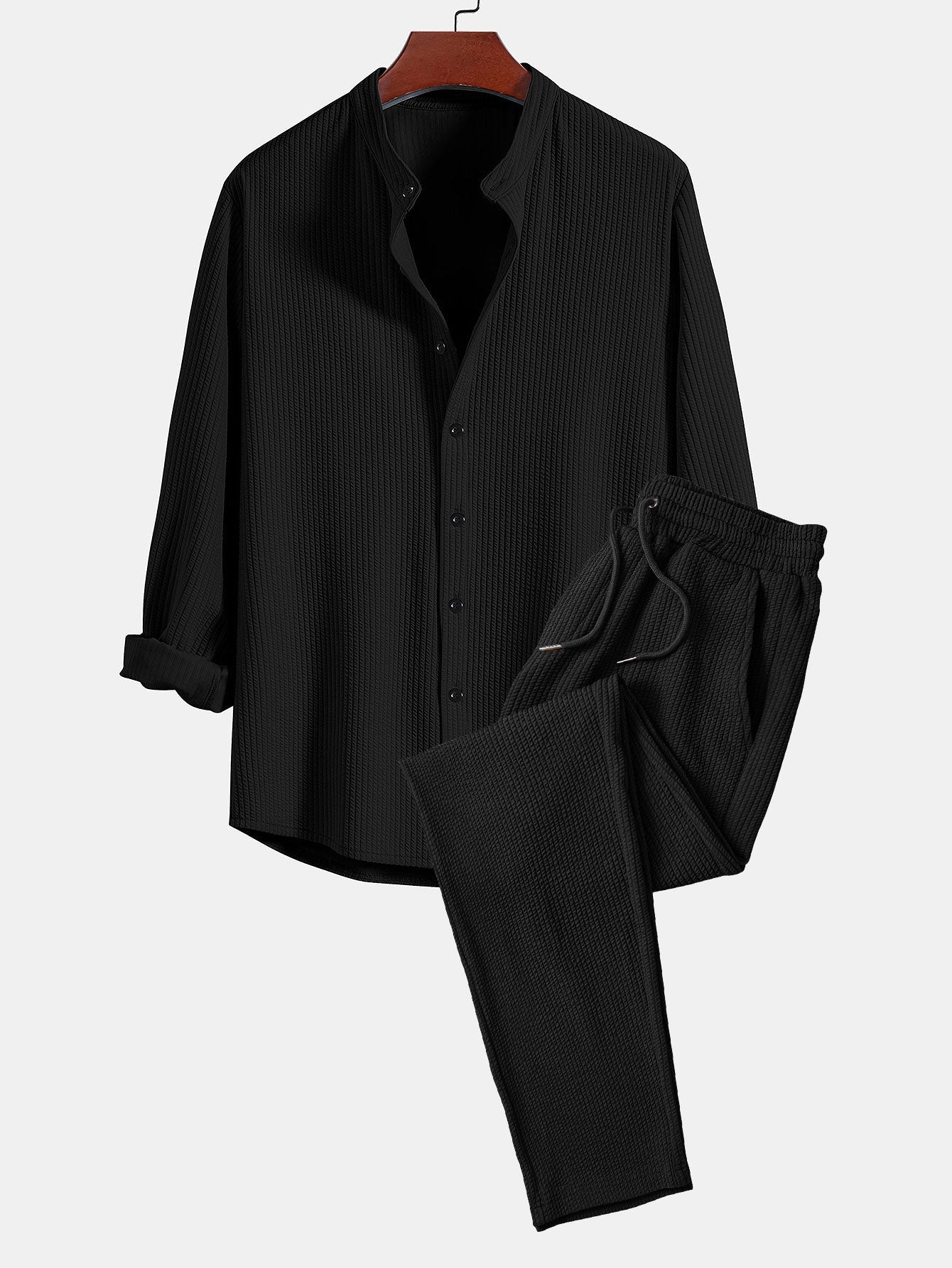 Long Sleeve Muscle Fit Ribbed Stand Collar Shirt & Straight Leg Ribbed Pants