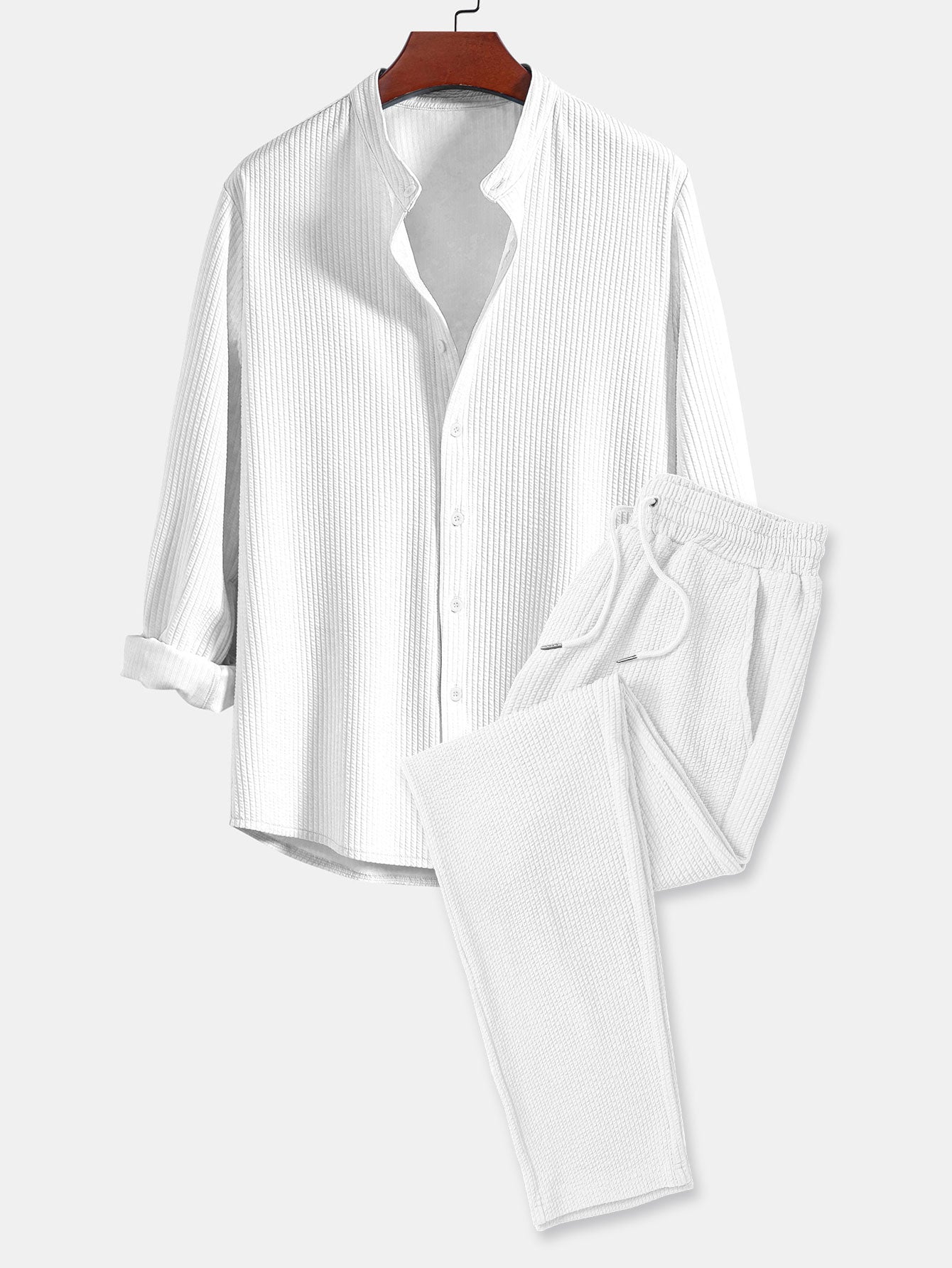 Long Sleeve Muscle Fit Ribbed Stand Collar Shirt & Straight Leg Ribbed Pants
