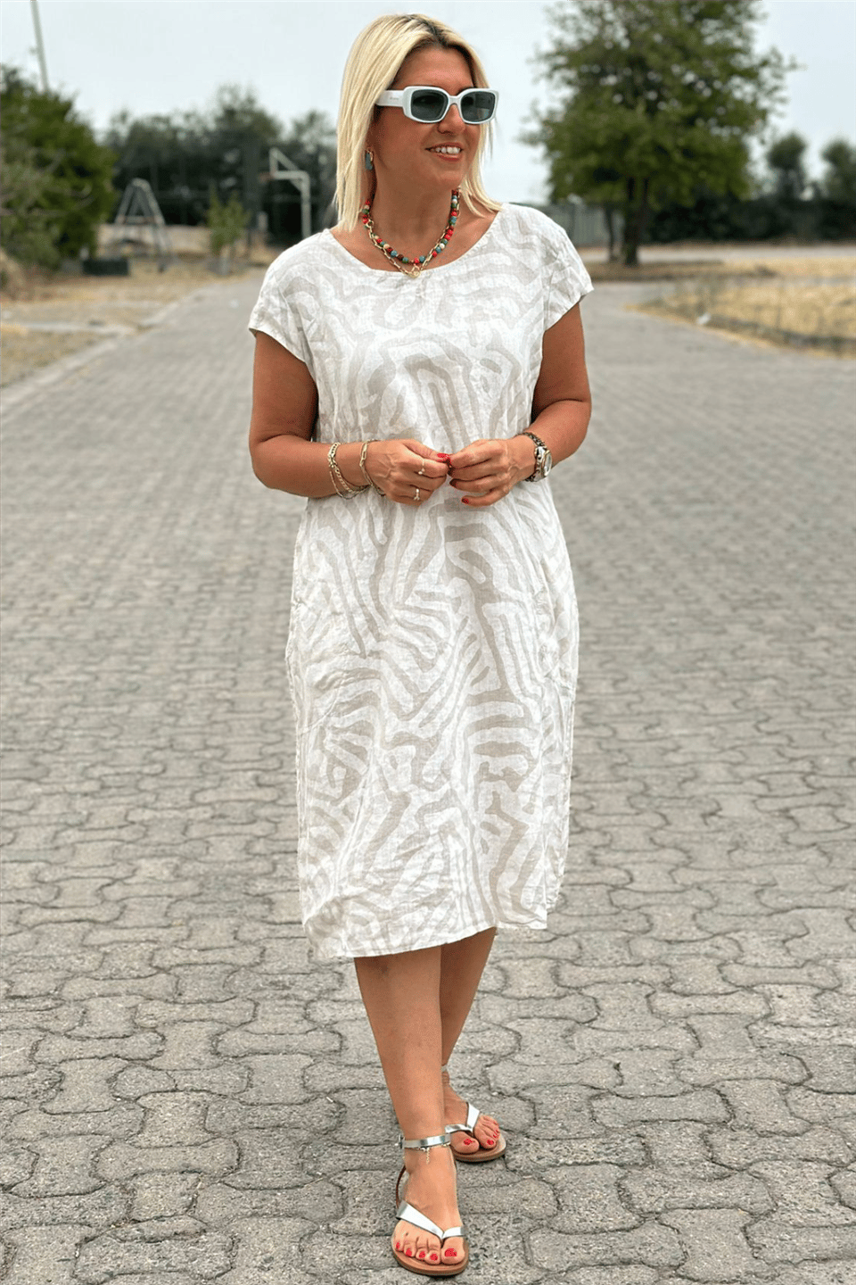 Zebra Print Crew Neck Midi Dress