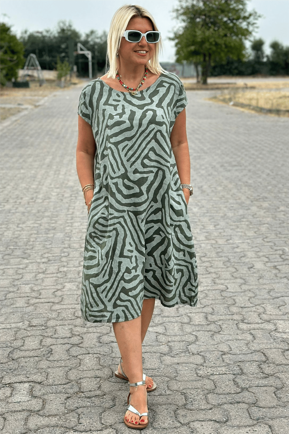 Zebra Print Crew Neck Midi Dress