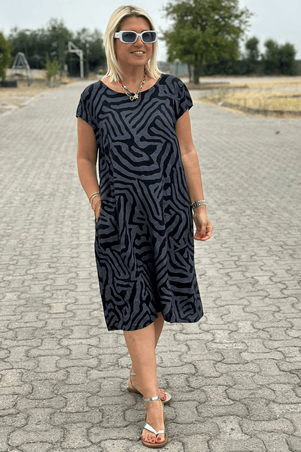 Zebra Print Crew Neck Midi Dress