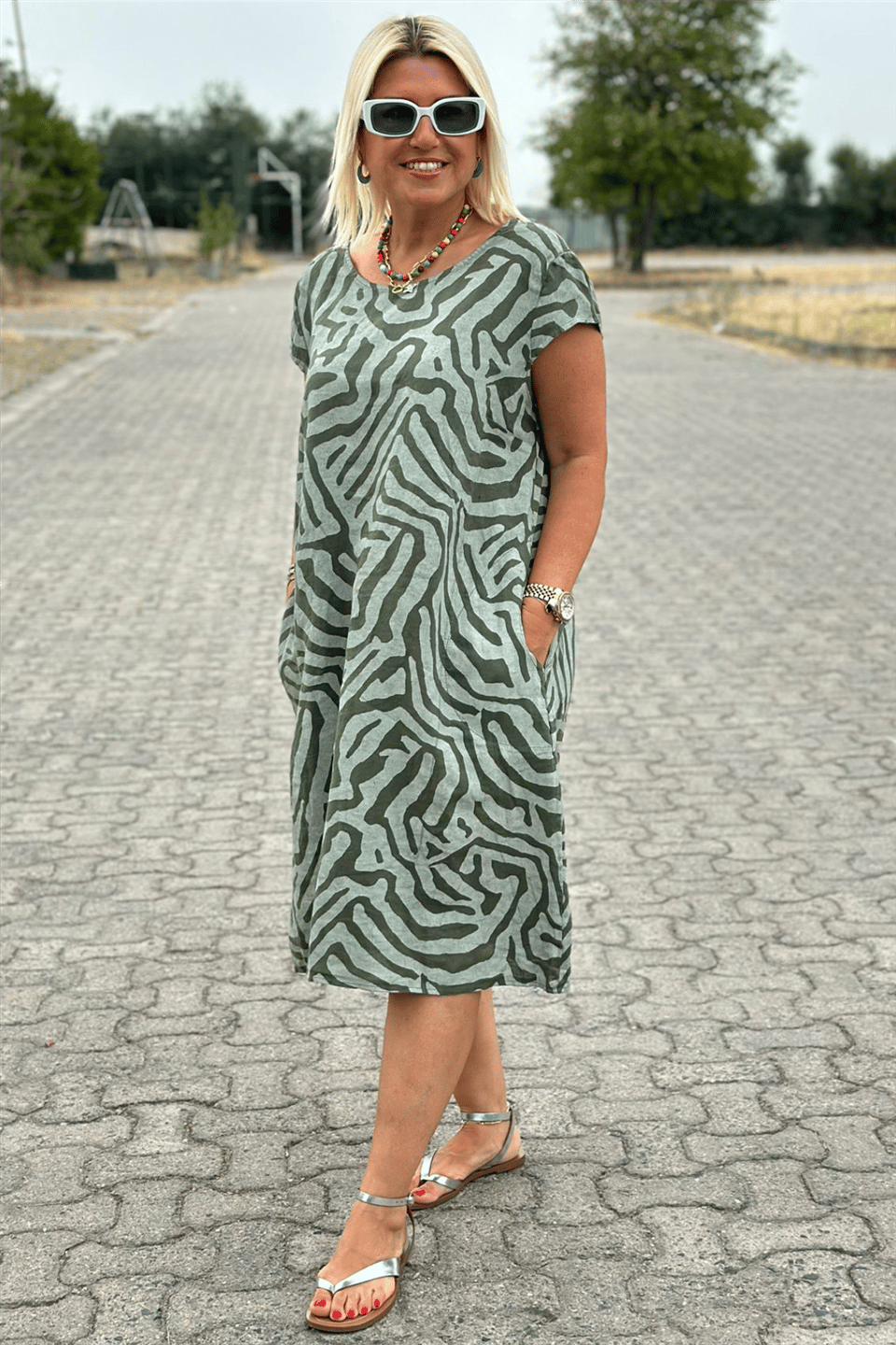 Zebra Print Crew Neck Midi Dress