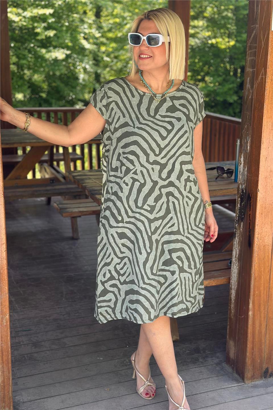 Zebra Print Crew Neck Midi Dress