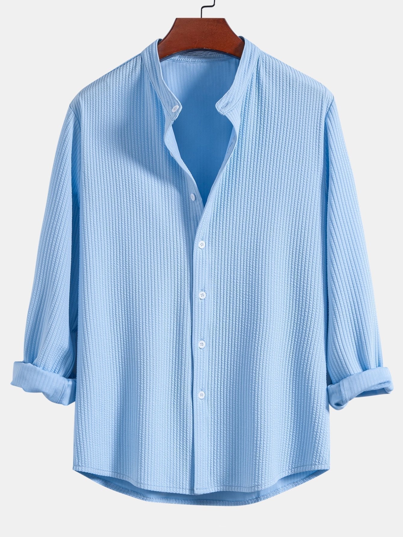 Long Sleeve Muscle Fit Ribbed Stand Collar Shirt & Straight Leg Ribbed Pants