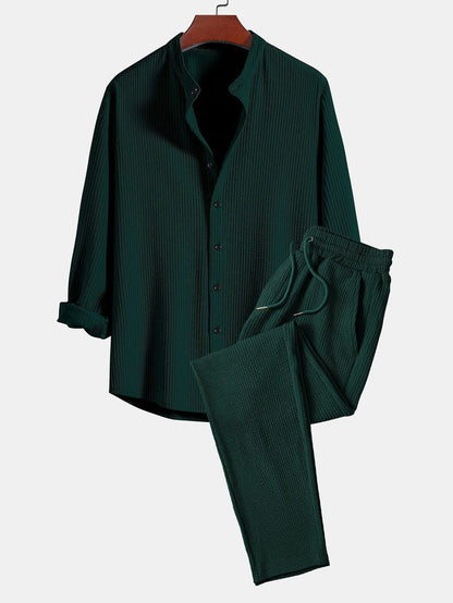 Long Sleeve Muscle Fit Ribbed Stand Collar Shirt & Straight Leg Ribbed Pants