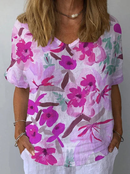 Elina Retro Floral Linen Top