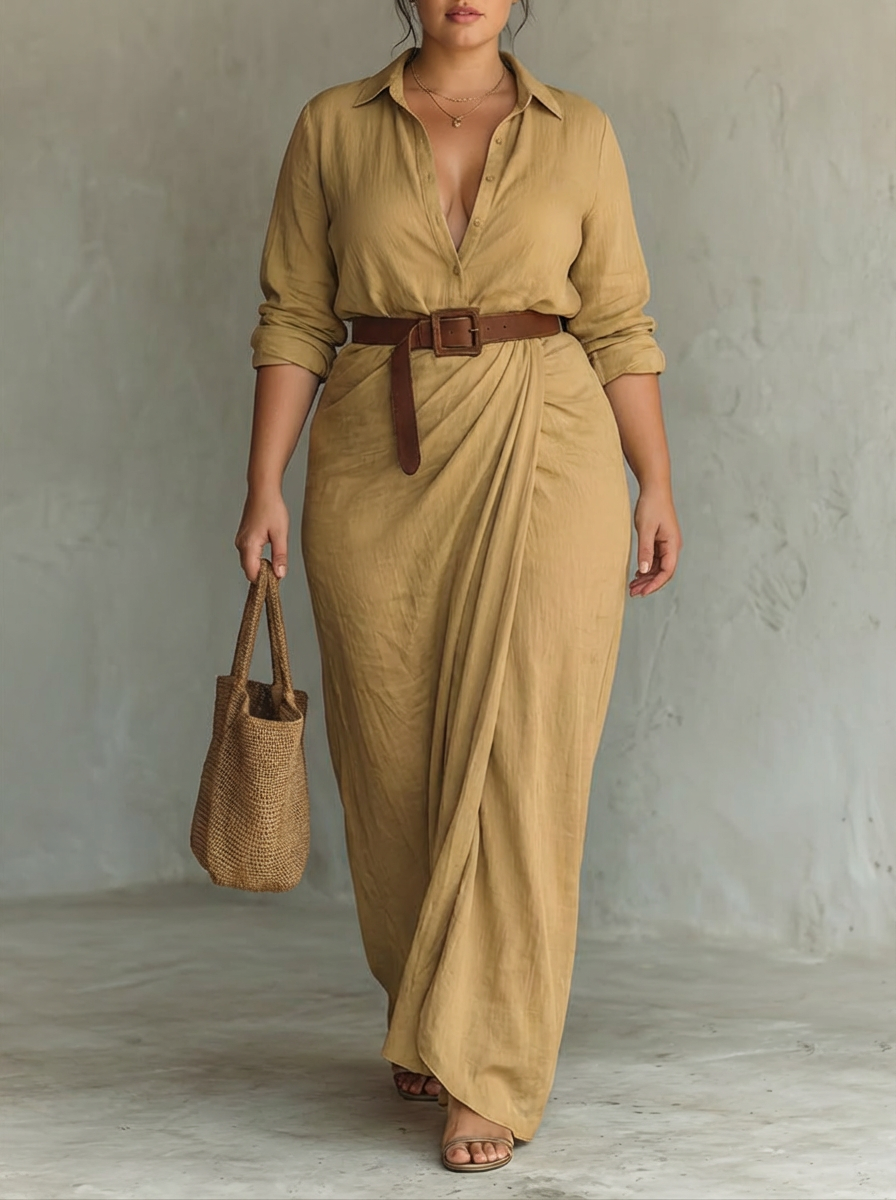 Selena Notched Collar Long Sleeve Maxi Dress
