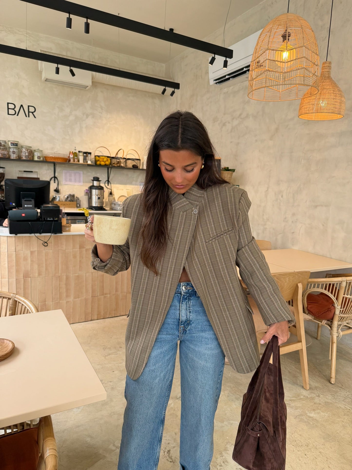 Selene Taupe Plaid Asymmetrical Blazer