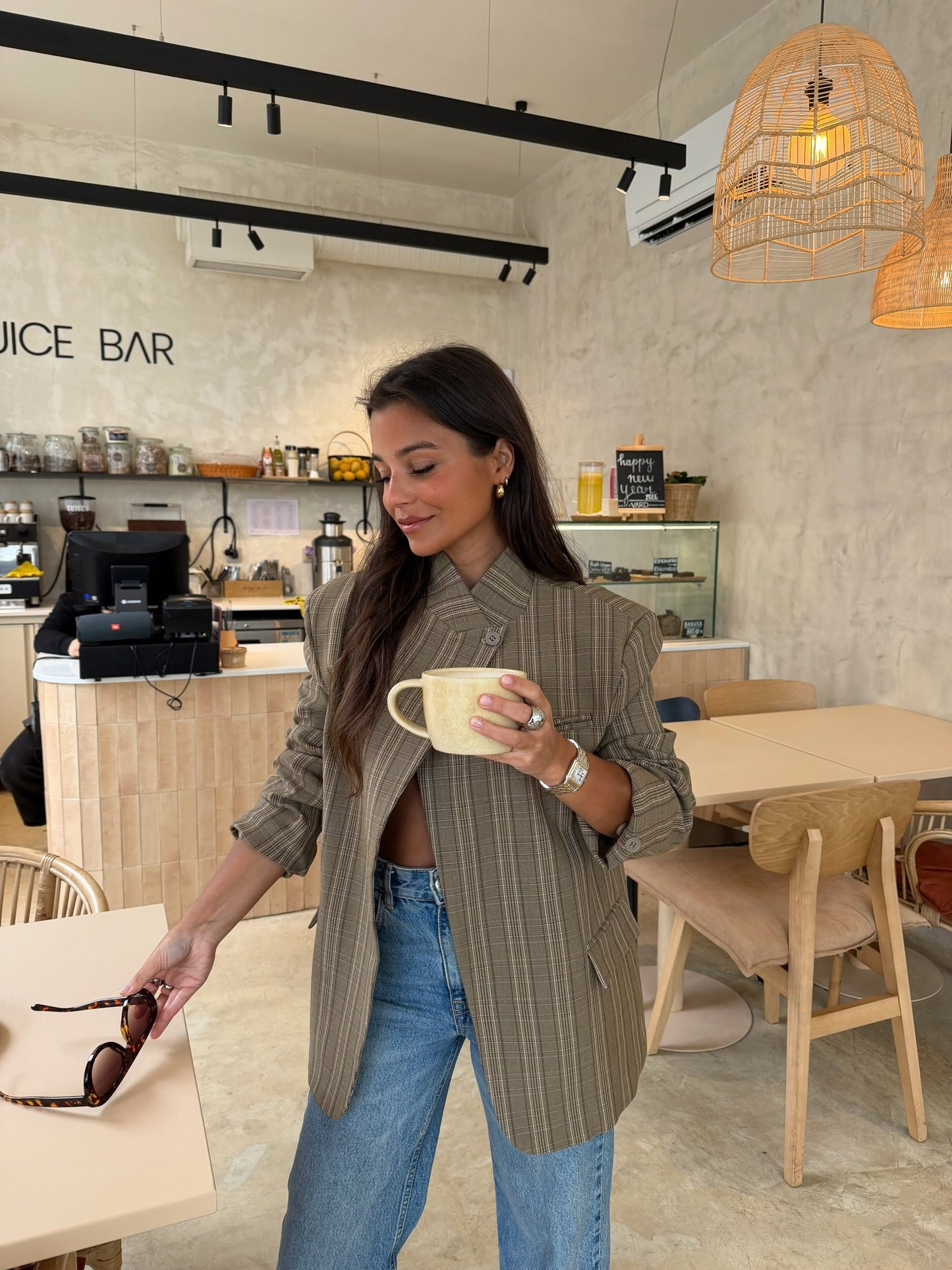 Selene Taupe Plaid Asymmetrical Blazer