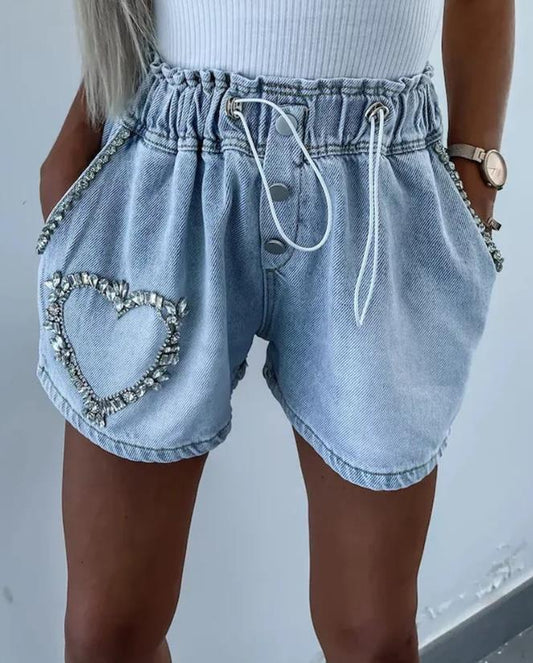 RHINESTONE™ CRYSTAL LOVE DENIM SHORTS