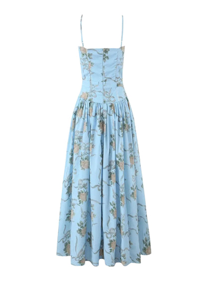 Amelina Bloom Midi Dress – Soft Blue Floral
