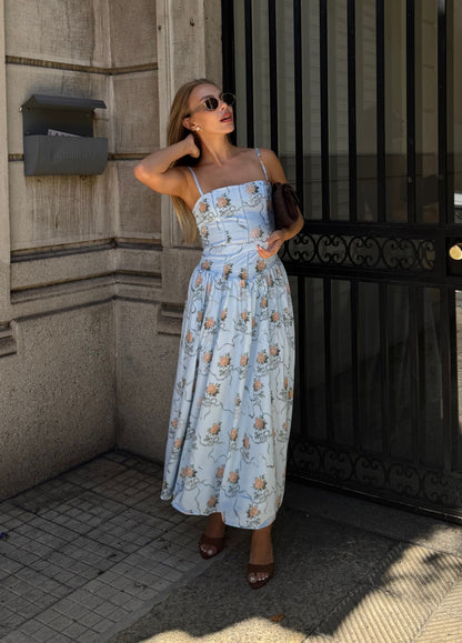 Amelina Bloom Midi Dress – Soft Blue Floral