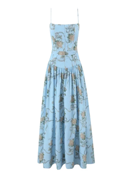 Amelina Bloom Midi Dress – Soft Blue Floral