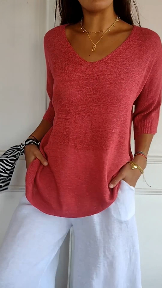 Elisa Solid Colour Knitted V-neck Top