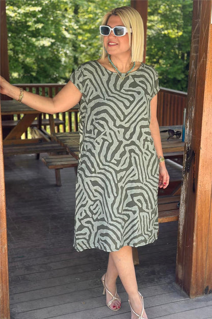 Zebra Print Crew Neck Midi Dress