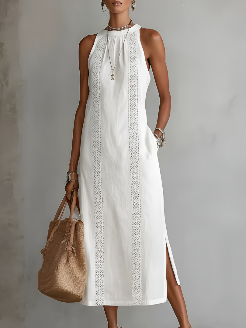 Elara Linen Mao Collar Midi Dress
