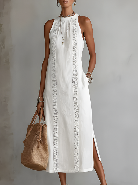 Elara Linen Mao Collar Midi Dress