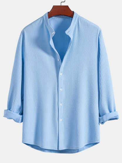 Long Sleeve Muscle Fit Ribbed Stand Collar Shirt & Straight Leg Ribbed Pants