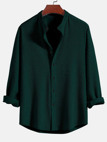 Long Sleeve Muscle Fit Ribbed Stand Collar Shirt & Straight Leg Ribbed Pants