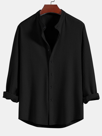 Long Sleeve Muscle Fit Ribbed Stand Collar Shirt & Straight Leg Ribbed Pants