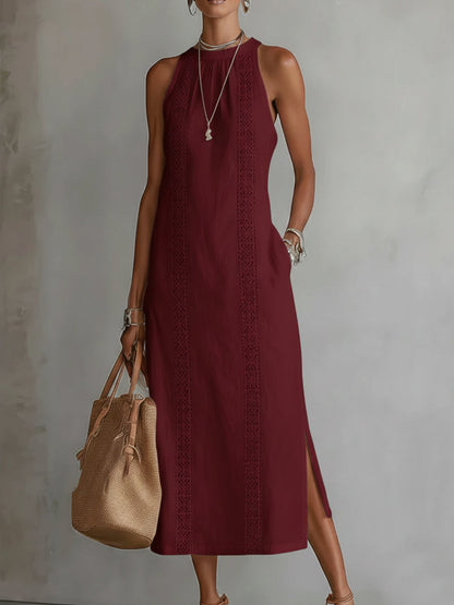 Elara Linen Mao Collar Midi Dress