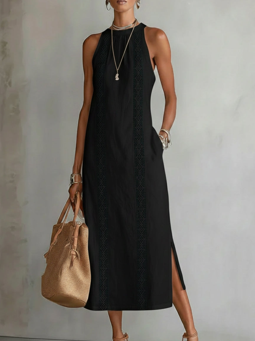 Elara Linen Mao Collar Midi Dress